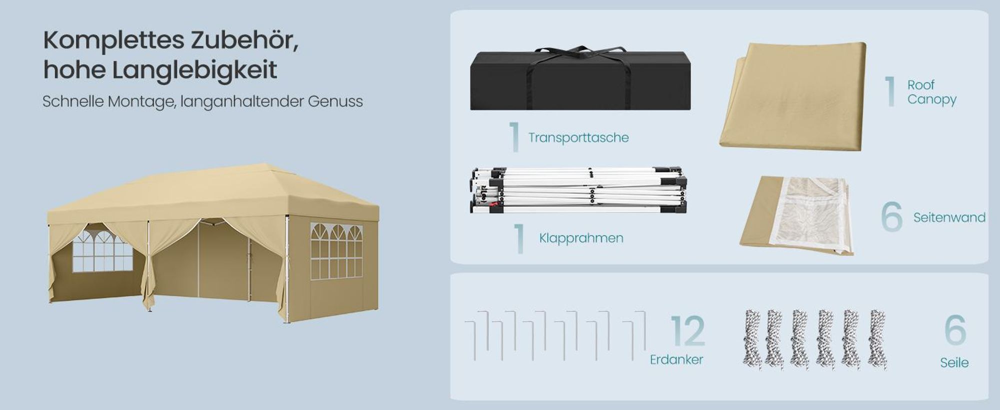 SONGMICS Faltzelt 6 x 3 m, mit Seitenwänden, stabil, tragbar, Pavillon für Garten, Hof, Party, Sonnenschutz, beige