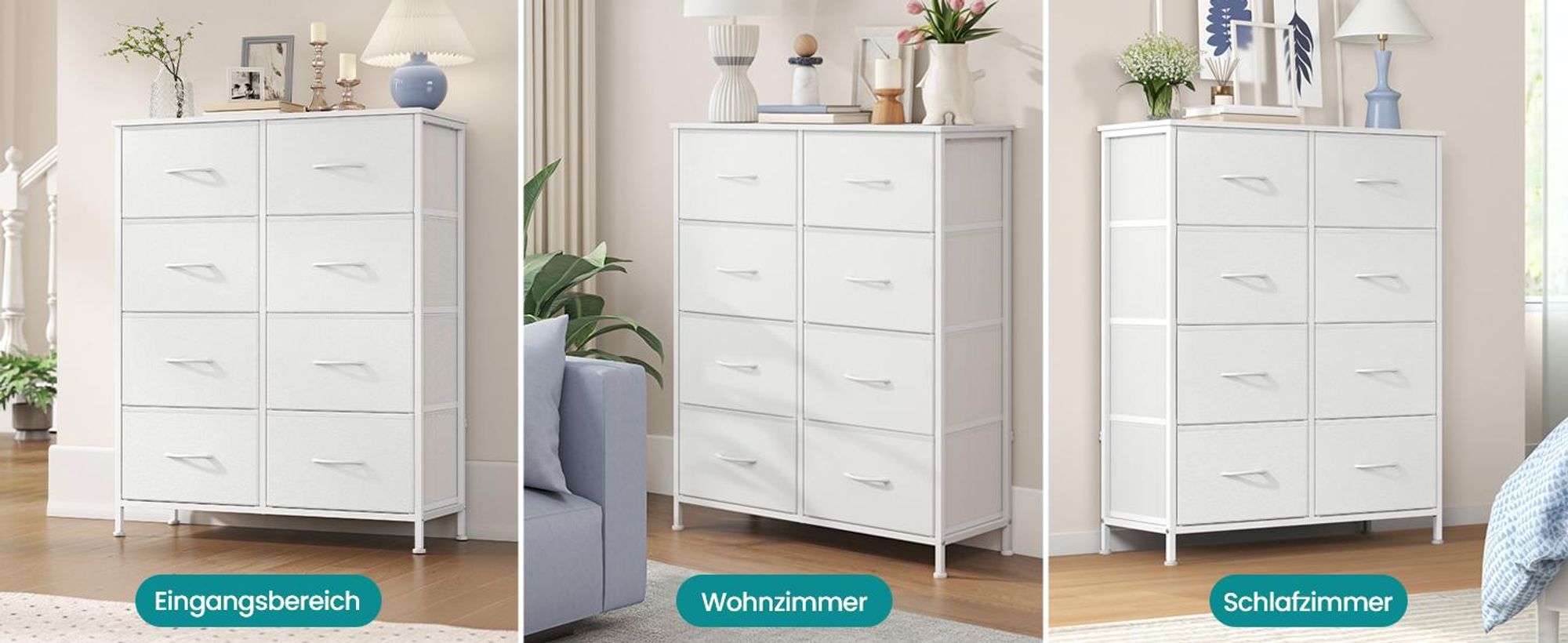 SONGMICS Kommode, Schrank, 8 Stoffschubladen, für Schlafzimmer, Flur, Wohnzimmer, weiß