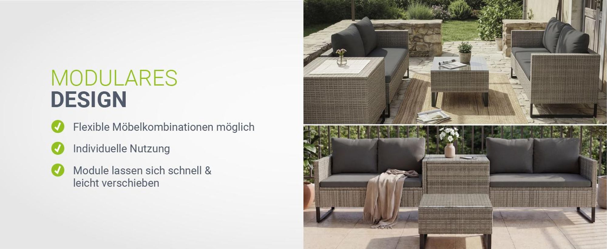 Juskys Polyrattan Lounge Santorini - Sitzecke mit Beistelltisch & Auflagenbox - Grau