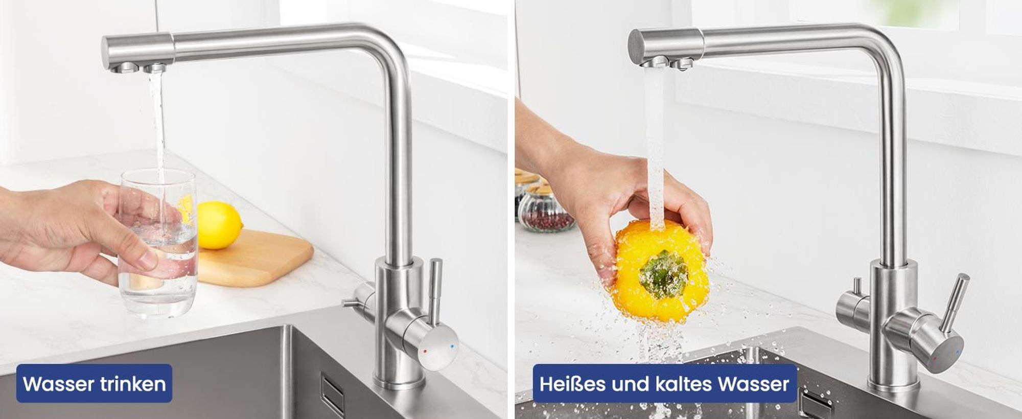 Wasserhahn Küchenarmatur, 360° Drehbar Spültischarmatur, Cecipa 3-Wege Küchenarmatur 304 Edelstahl, Filterwasserhahn, 2 Griffe, Gebürstet