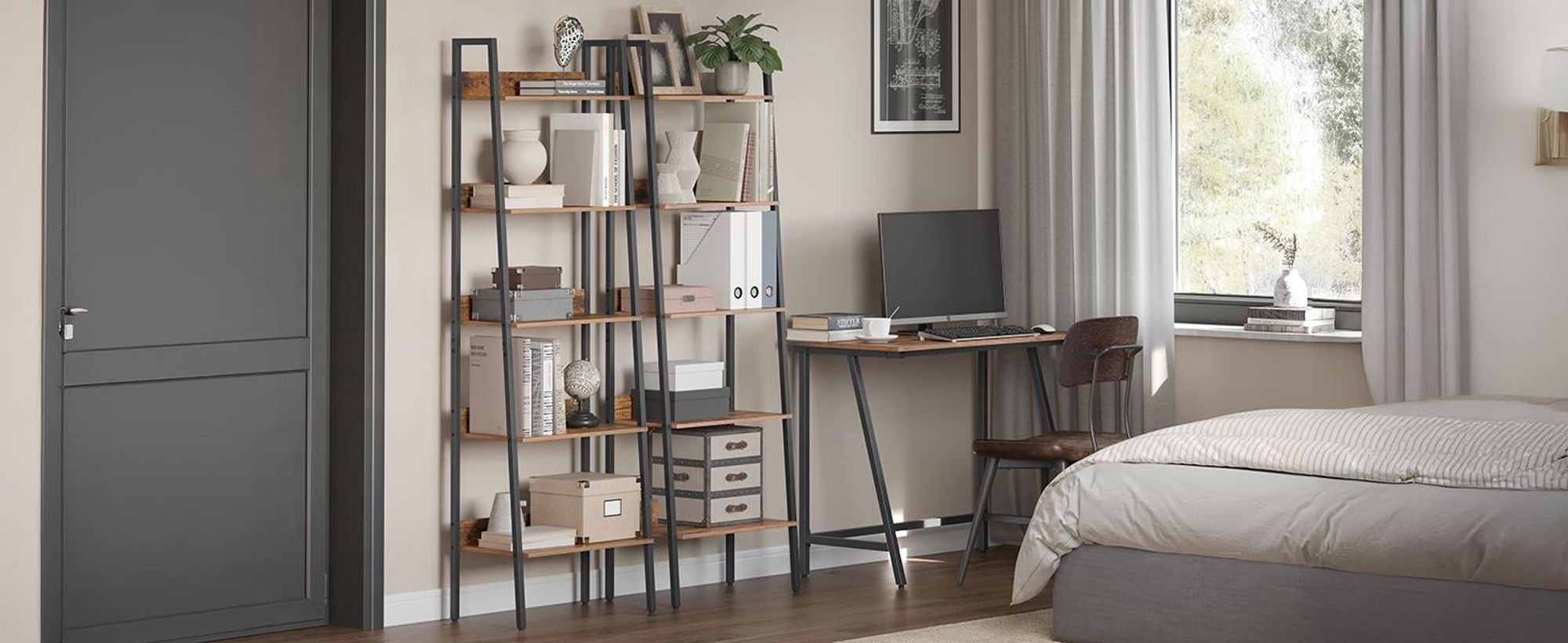 VASAGLE Bücherregal, Leiterregal mit 5 Ablagen, offen, Standregal, schmal, für Wohnzimmer, Schlafzimmer, Küche, Büro, Metallgestell, Industrie-Design, vintagebraun-schwarz LLS067B01