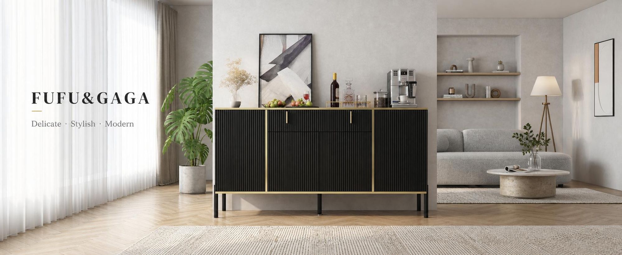 160 cm Sideboard mit 1 großen Schublade 4 Türen, Kommode mit Verstellbaren Einlegeböden, mit 5 Füßen, Schwarz und Gold, 160 x 40 x 80 cm