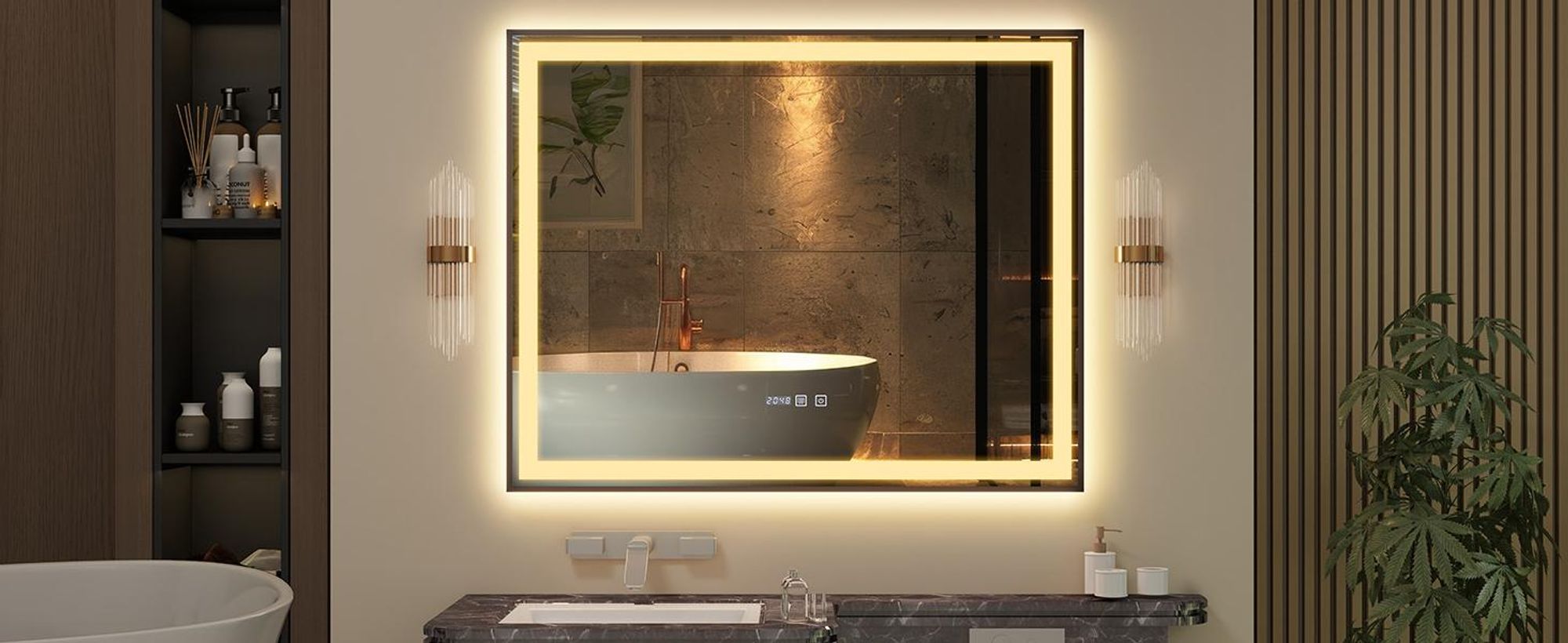 Puluomis Badspiegel 100x80 beschlagfrei mit 3 Farbe Beleuchtung, dimmbare Helligkeit, Badezimmerspiegel mit Digitaluhr, Temperatur schwarz