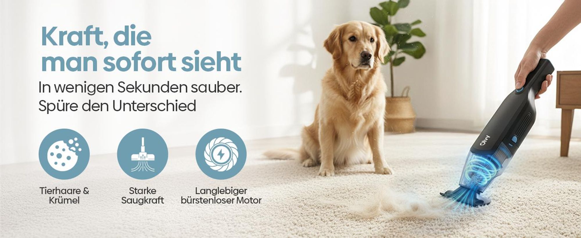 Olvy Handstaubsauger Akku beutellos, kabelloser Mini Staubsauger mit bürstenlosem Motor, inkl. Aufsätze, ideal für Auto, Sofa, Möbel & Tierhaare