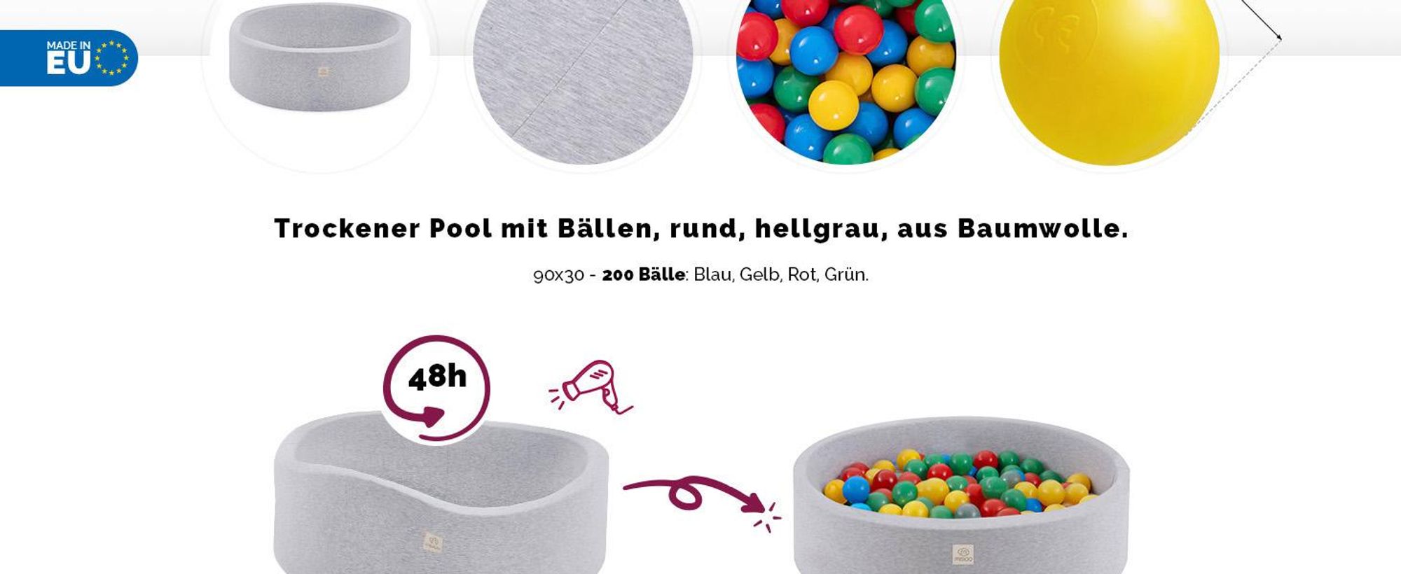 MISIOO Smart Bällebad - Kinder für Baby Zimmer - 200 Bälle - Spielzeug - Maschinenwaschbar -  - 90 x 30 cm - Hellgrau - Rot/Grün/Blau/Gelb