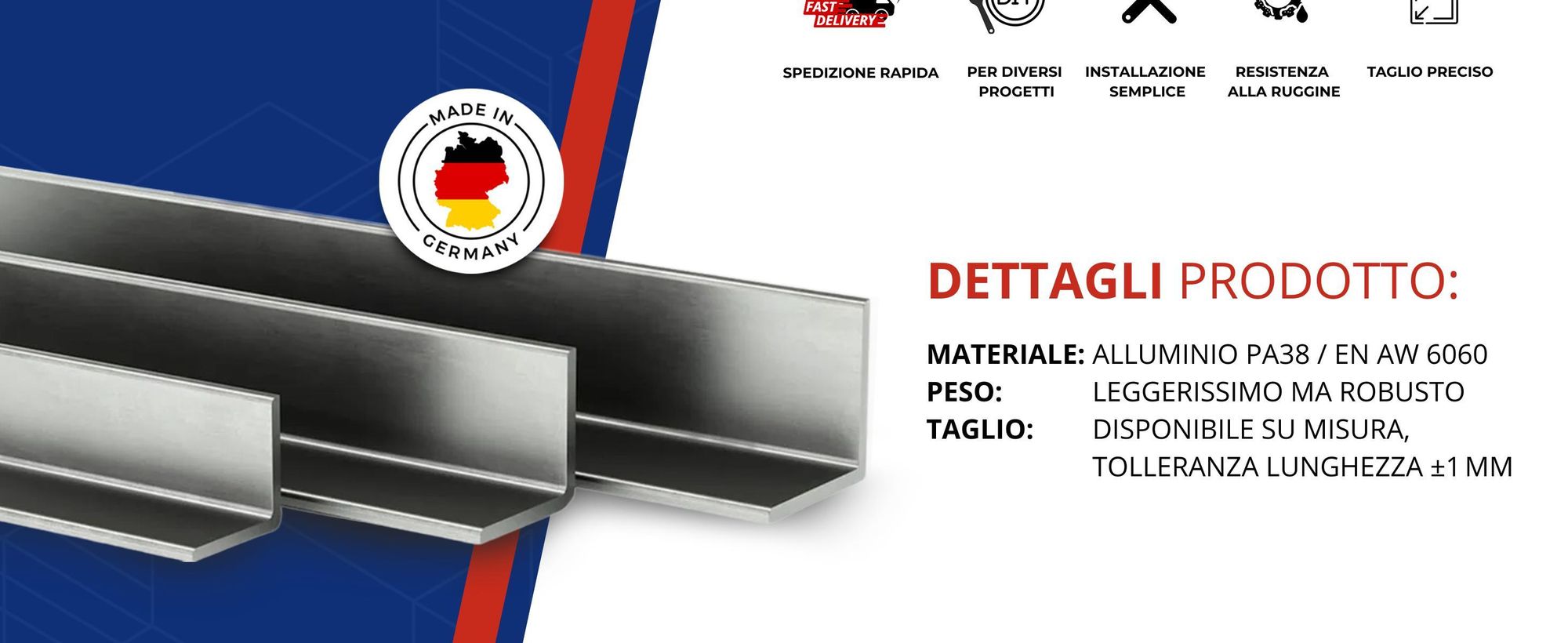 Angolare In Alluminio 40X40X3Mm 110Cm Alluminio En6060 Pa38 +Taglio Su Misura