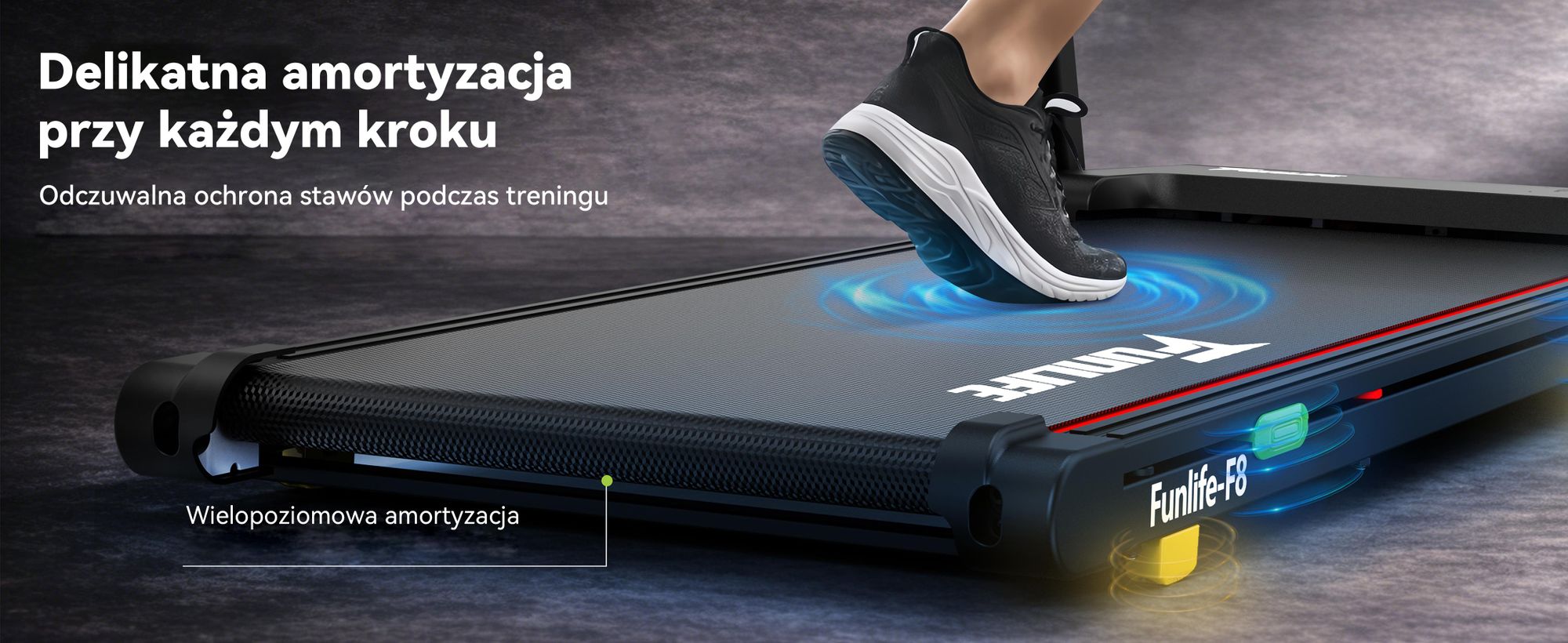 Bieżnia FunLife F8 – składana, z nachyleniem 5%, wyświetlaczem umieszczonym bezpośrednio na poręczy, wyjątkowo szeroką powierzchnią do biegania, cicha i przyjazna dla stawów, 12 programów, prędkość 1–12 km/h