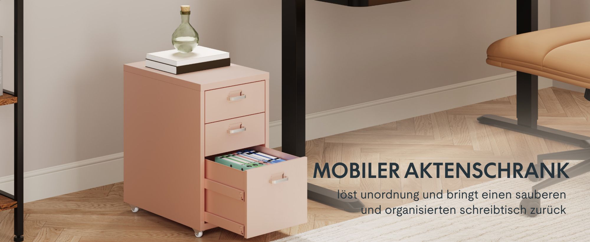 FLEXISPOT Rollcontainer Büroschrank mit 3 Schubladen, Aktenschrank Metallschrank Kommode mit Rädern, Unterschrank für Zuhause und Büro (Rosa)