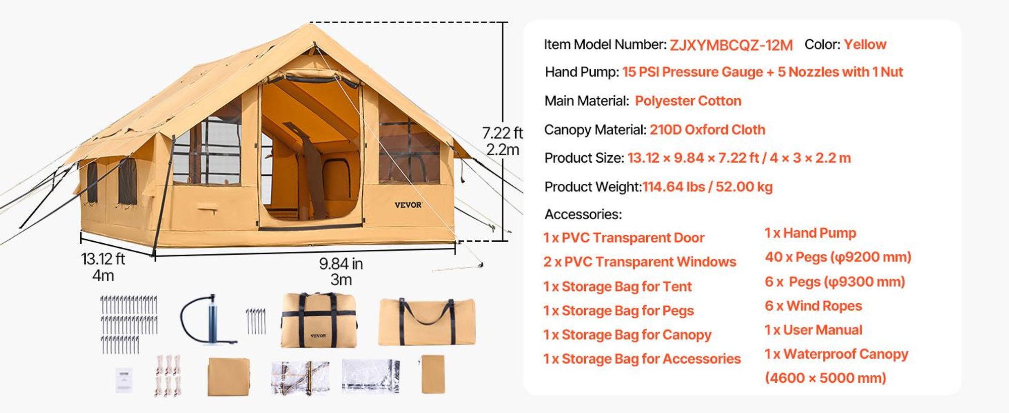 VEVOR Aufblasbares Campingzelt, 4 x 3 x 2,2 m, Luxus-Campingzelt mit 2 Oberlichtern, Baldachin, Herdanschluss, 2 Türen, Netzfenstern und Aufbewahrungstasche