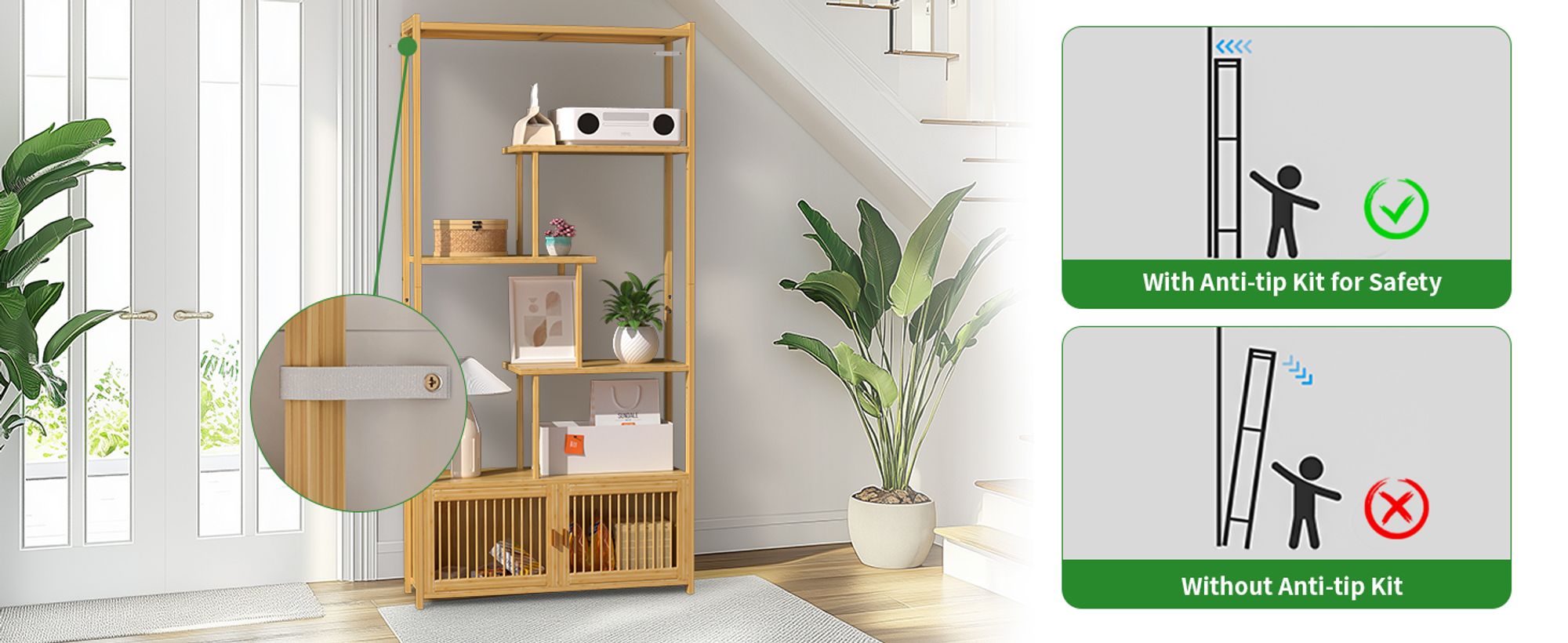 WISFOR Bücherregal mit 6 Ebenen, Bambus Büroregal mit Schrank, Standregal, Freistehendes Regal für Wohnzimmer, Bad, Küche, Natur, 85,5 x 28 x 176 cm