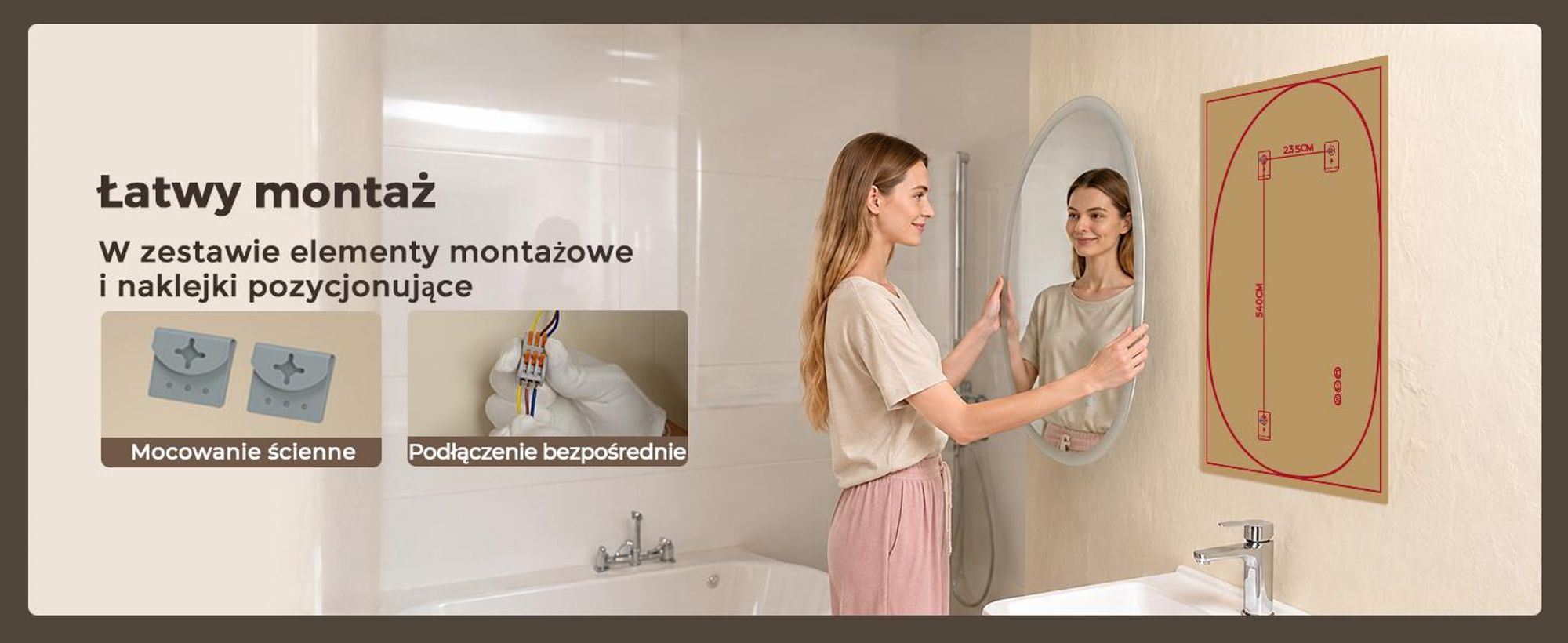 Lustro łazienkowe LED S'AFIELINA, 50x70 cm, asymetryczne, bez ramki, z możliwością regulacji jasności, 3 barwy światła, funkcja anty-mgielna, funkcja pamięci, do montażu na ścianie