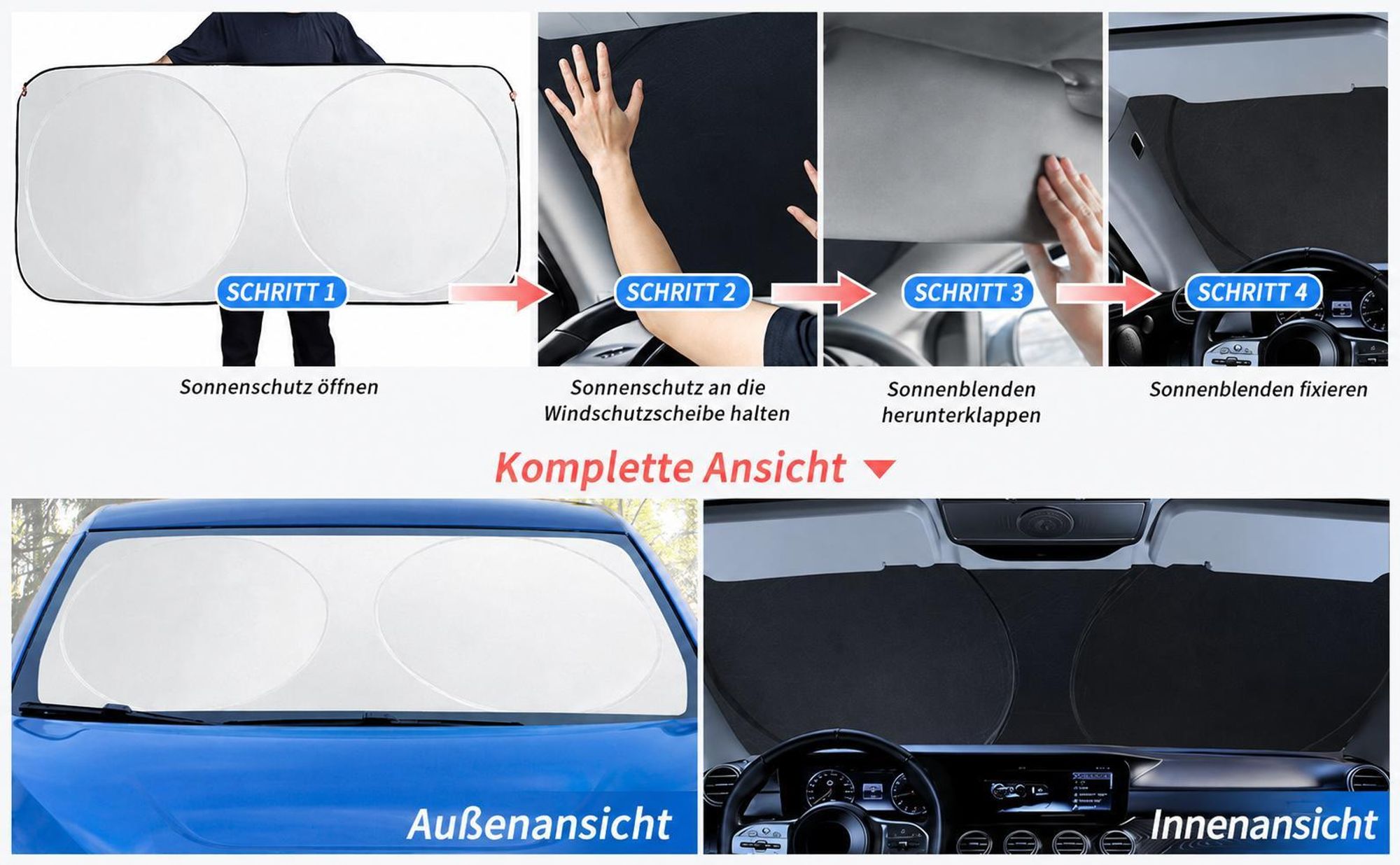 Sonnenschutz Auto Frontscheibe, Faltbar Sonnenschirm, UV-Schutz Auto Sonnenblende für die Windschutzscheibe, für Kompakt Fahrzeuge, 160×86 cm
