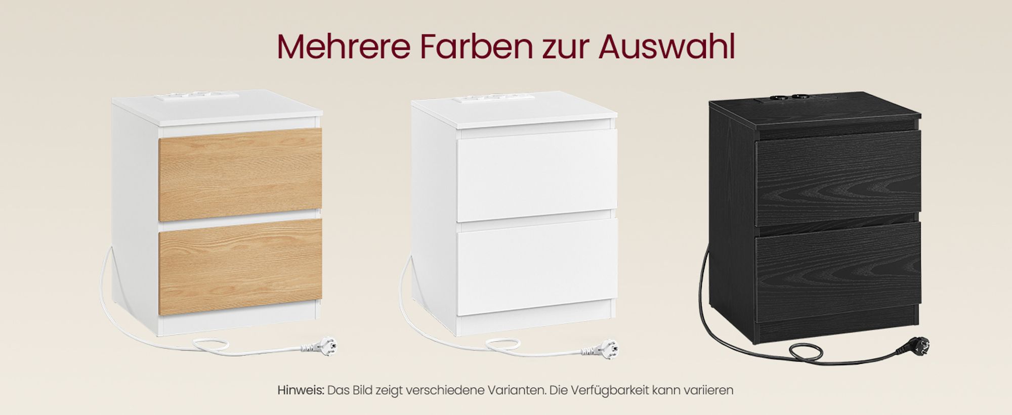 VASAGLE Nachttisch mit Steckdosenleiste, 2er Set, Beistelltisch modern
