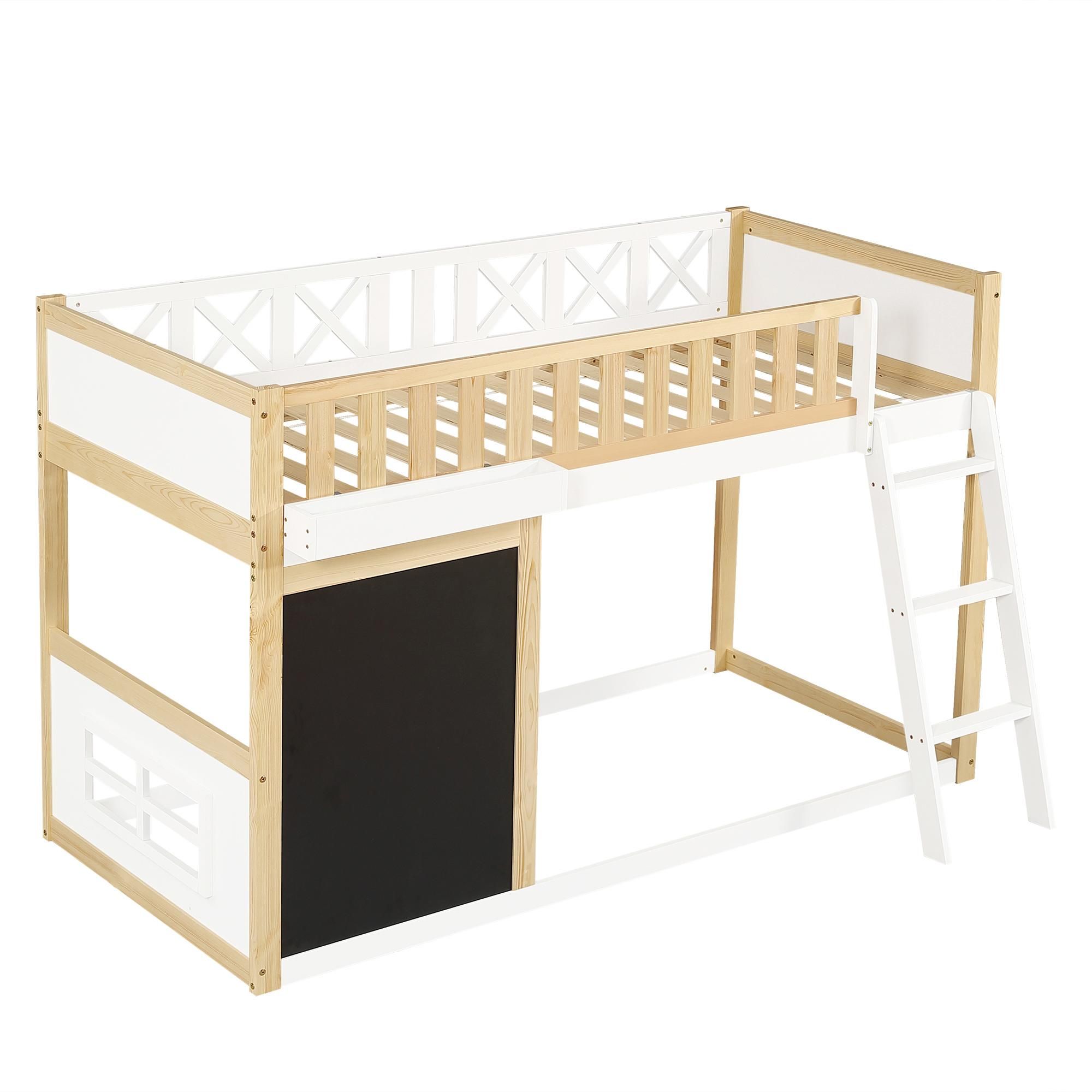 Flieks Etagenbett 90x200cm mit Tafel, Kinderbett mit Rausfallschutz und Lattenrost, Hochbett mit Aufbewahrungsbox, Naturbelassen