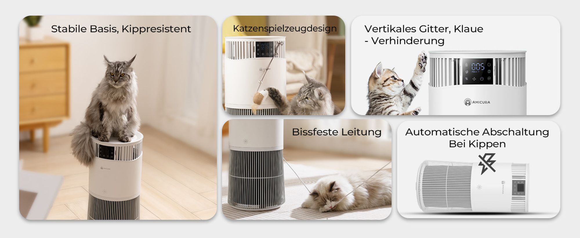 Amicura P2 Luftreiniger für Haustierallergiker, 843m³/h Tierhaarentfernung, 450 CADR - 99% Geruchsneutralisation, H13 Filter, App-Steuerung