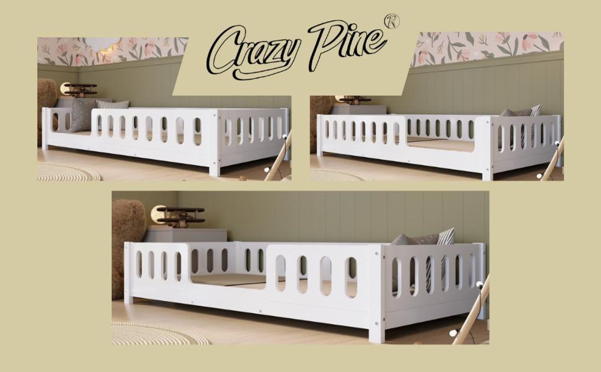 Crazy Pine Kinderbett 80x160 cm – Weißes Montessori Bodenbett aus MDF – Kleinkindbett mit Abgerundeten Kanten, Einstieg rechts – Crazy Ethan