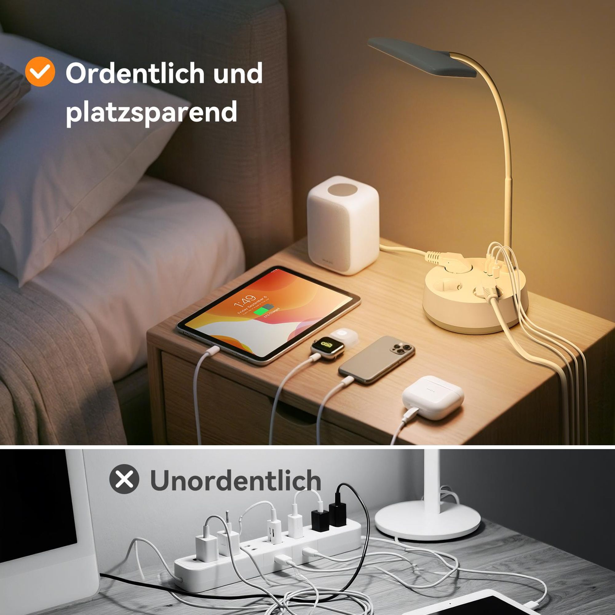 Aigostar Schreibtischlampe mit Stecker und Steckdosen, USB- und Typ-C-Ausgang, Touch-Tischlampe, 3 Farben&Stufenloses Dimmen, Weiß