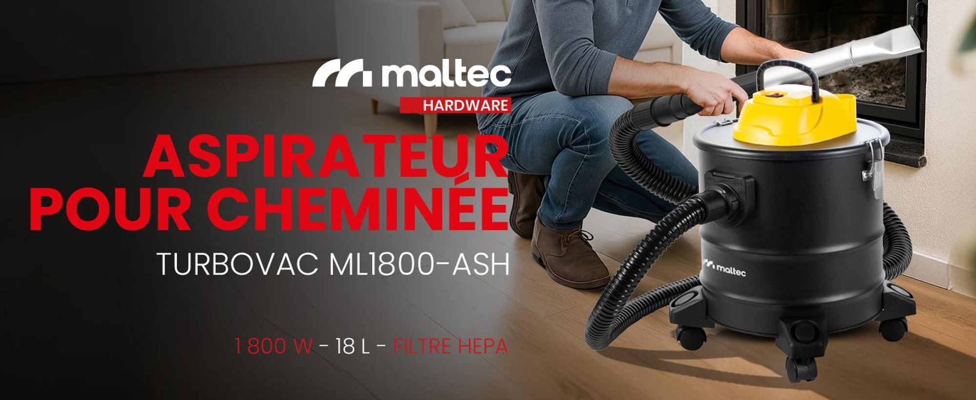 Aspirateur industriel MalTec ML1800-ASH Aspirateur industriel Aspirateur à cendres Aspirateur de cheminée 1800 W, 8 litres, pour le nettoyage intérieur et extérieur, adapté aux poêles