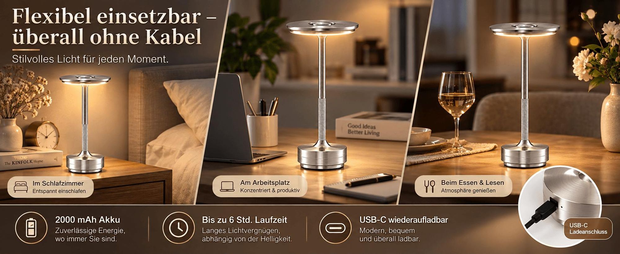 2er Set Kabellose Dimmbare LED Akku Tischleuchten, Touch Tischlampen, 3 Lichtfarben, Nachttischlampen für Wohnzimmer Schlafzimmer, Silber