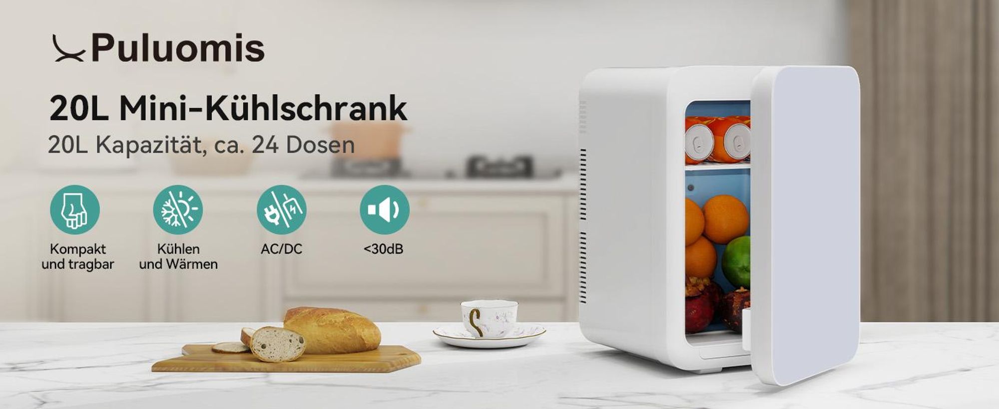 Puluomis Mini Kühlschrank 20L, 2 in 1 Warm- und Kühlbox tragbar Ultra-Leiser Auto Kühlbox (<30dB) 12V/220V /230V AC/DC für Getränkedosen, Snacks Weiß