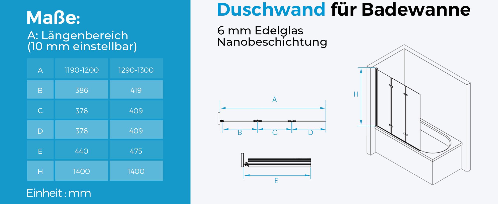 Heilmetz Duschabtrennung 120x140cm Dreifalten Faltwand für Badewanne Mattschwarz Rahmen Duschwand Badewannenaufsatz Duschabtrennungen mit 6mm NanoGlas