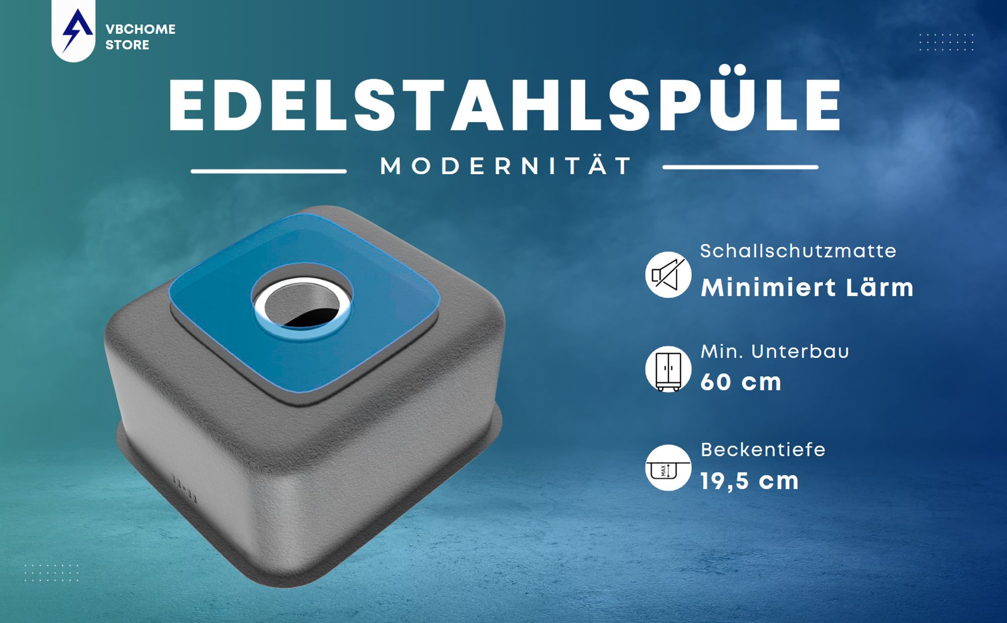 VBChome Edelstahl Einbauspüle 49x48x21 cm – Gebürsteter Inox-Stahl, Großes Becken mit Hahnloch, Küchenspüle inklusive Siphon, Robuste Edelstahlspüle