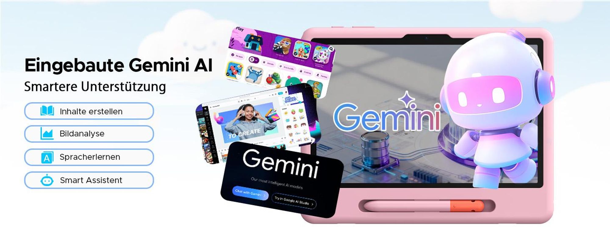 POCKAM P10 Kids 10.1" Tablet, Gemini AI, Android 16, 32(6+26)GB RAM+64GB ROM/TF 2TB, 7000mAh, WiFi Tablet für Kind mit Kindgerechte Hülle und Stift
