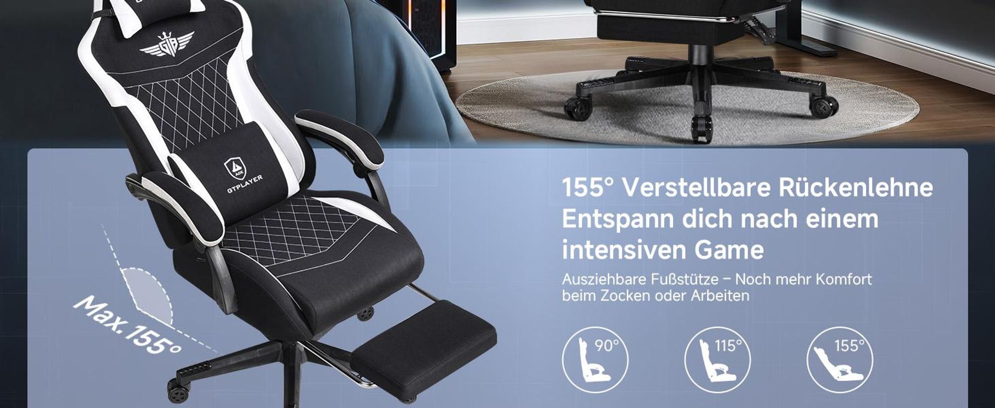 GTPLAYER Gaming Stuhl, Ergonomischer Gamer Stuhl aus Stoff mit Lendenwirbelstütze, PC-Stuhl mit verbreiterter Rückenlehne, Belastbar bis 150 kg, Schwa