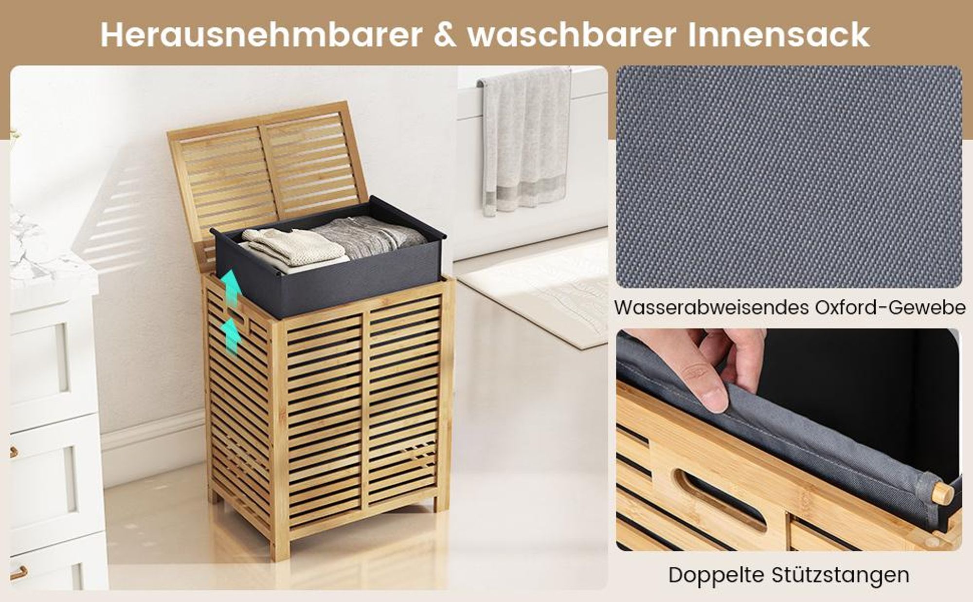 COSTWAY Wäschekorb mit Deckel Groß, 80L Wäschesammler Bambus, Wäschebox mit Wäschesack herausnehmbar & waschbar, Wäschetruhe wäscheschrank für Bad, Schlafzimmer, Wohnzimmer