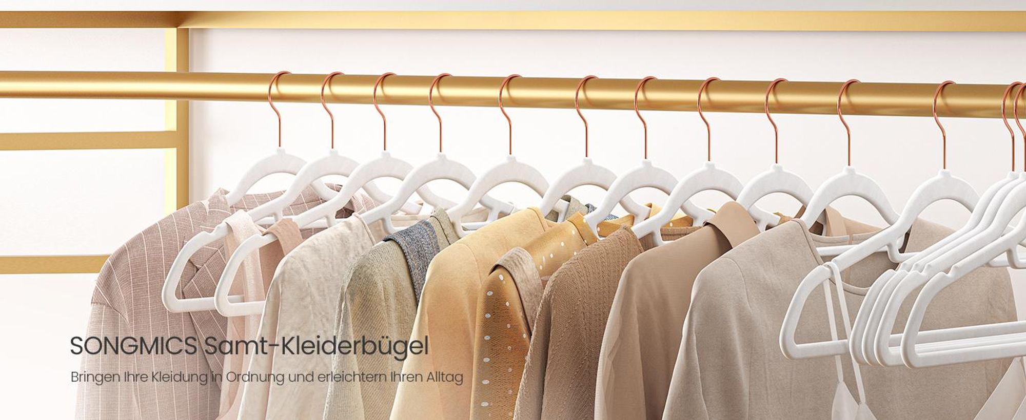 SONGMICS Kleiderbügel, Samt, 50 Stück, platzsparend, Anti-Rutsch, Jackenbügel, drehbarer Haken in Roségold, Dicke 0,6 cm, 45 cm lang, für Jacken, Hemden, Röcke, Hosen, Krawatten, weiß CRF021W02