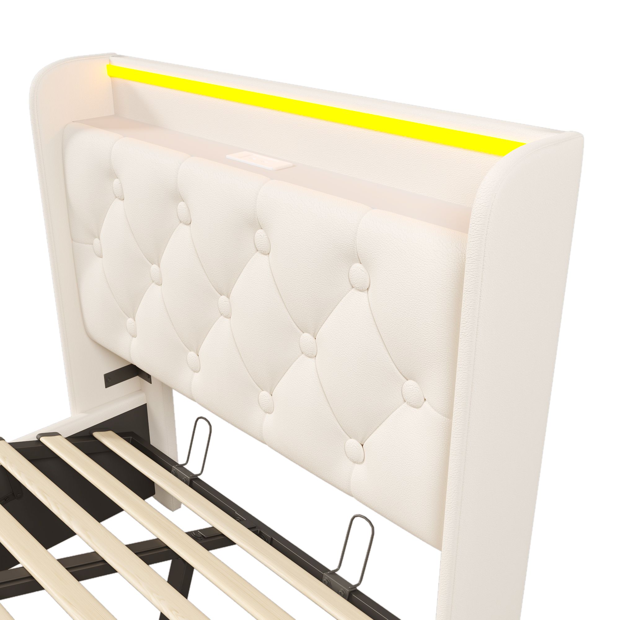 Flieks Polsterbett 90x200cm mit Ladefunktion (USB&Typ-c), Jugendbett Einzelbett Stauraumbett mit LED, Hydraulisches Boxspringbett, PU, Weiß