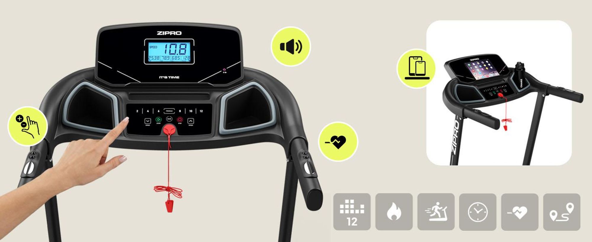 Zipro Laufband Elektrisch Colt – Klappbares Fitnessgerät für Zuhause Bis 12 km/h & 3-Stufen Steigung Leiser Motor mit Dämpfungssystem & Pulsmessung