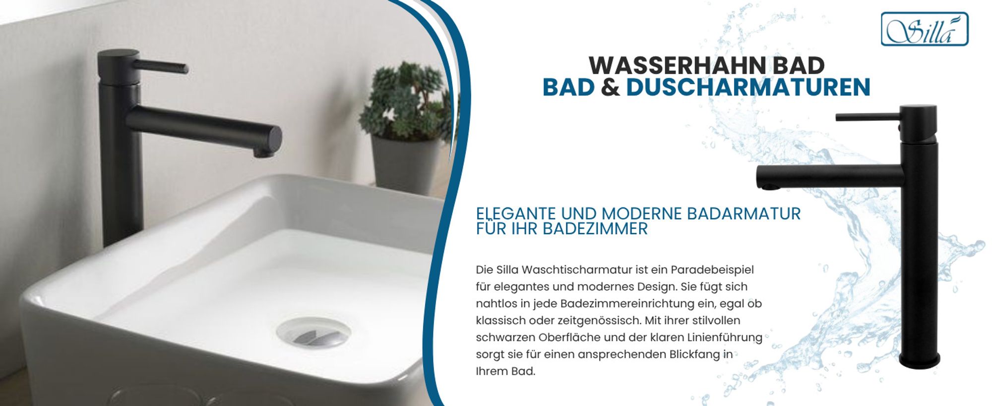 Waschtischarmatur, Wasserhahn Bad, Wasserhahn, Silla, Schwarz, Badarmatur