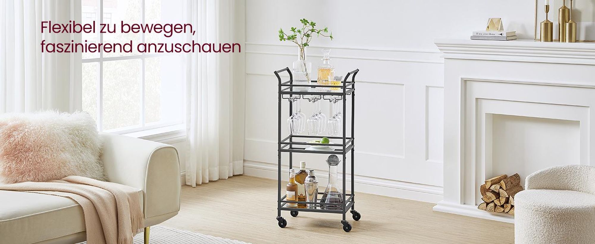 VASAGLE kleine Servierwagen, Rollwagen, verspiegelte Glasablagen, schwarz