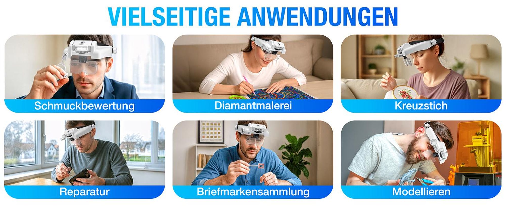 Lupenbrille mit Licht, LED Kopfbandlupe, Lupe mit Licht, 1- bis 14-fache Vergrößerung, mit 6 abnehmbaren Linsen, für Reparieren, Modellbau, Lesen