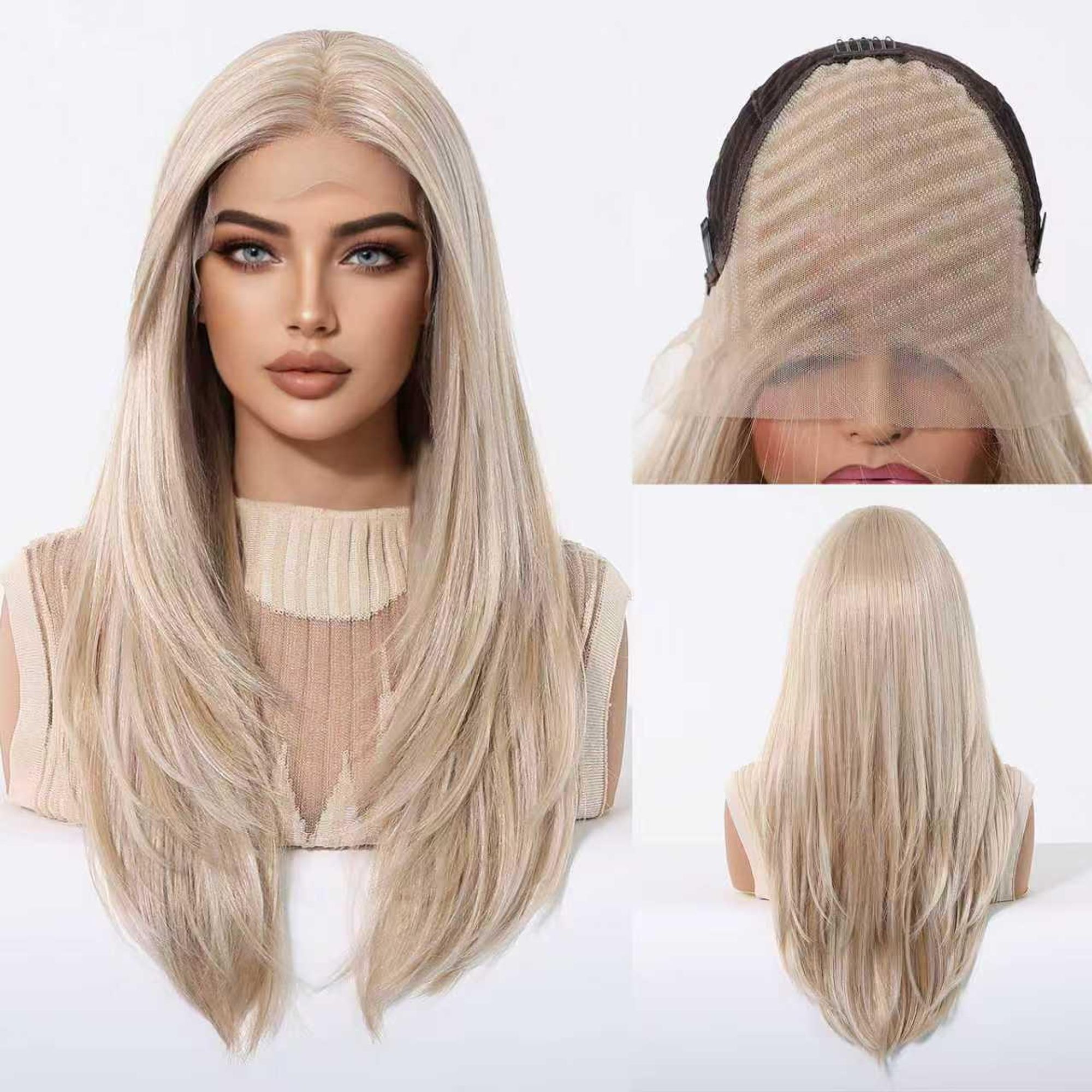 SassyGoods blonde Perücke mit Front-Lace – Damenperücken mit langem Haar – Haarteil – Waschbar – 55 cm