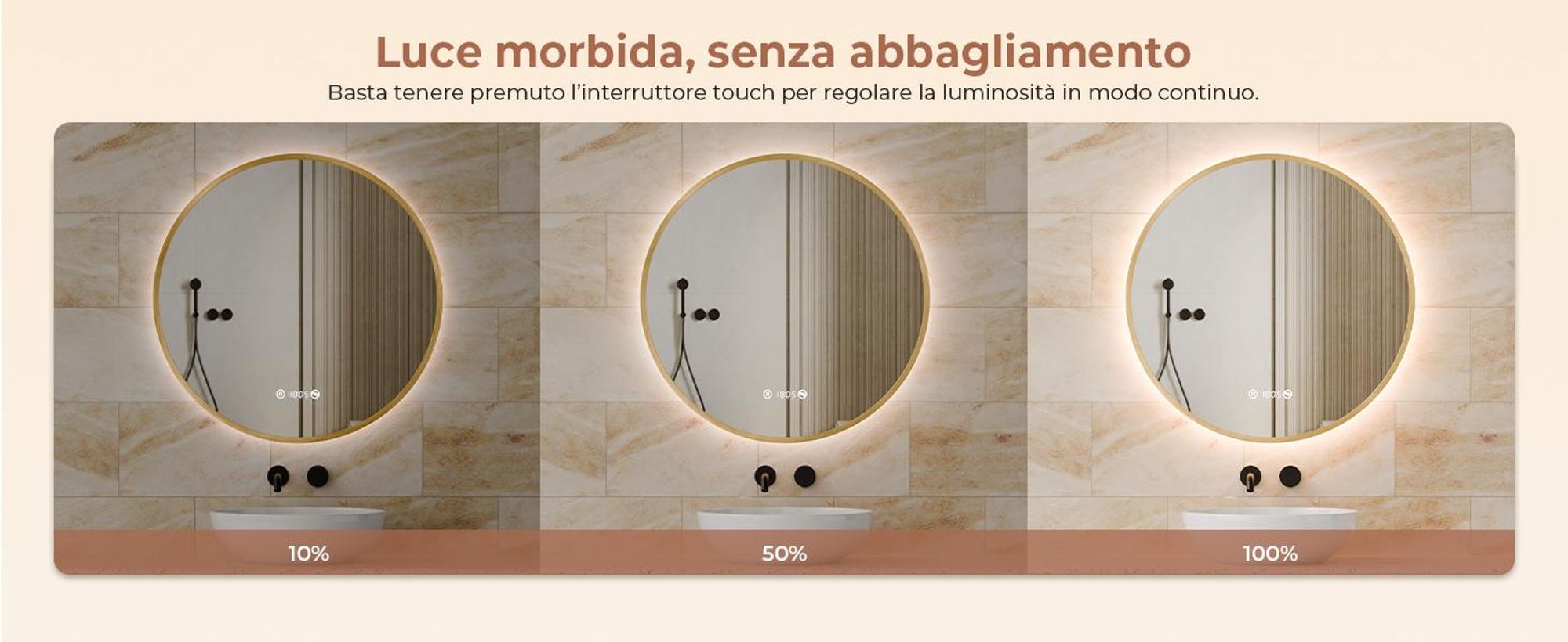 S'AFIELINA Specchio da bagno LED Rotondo 60cm, touch, antiappannamento, dimmerabile, orologio, temperatura, memoria, oro