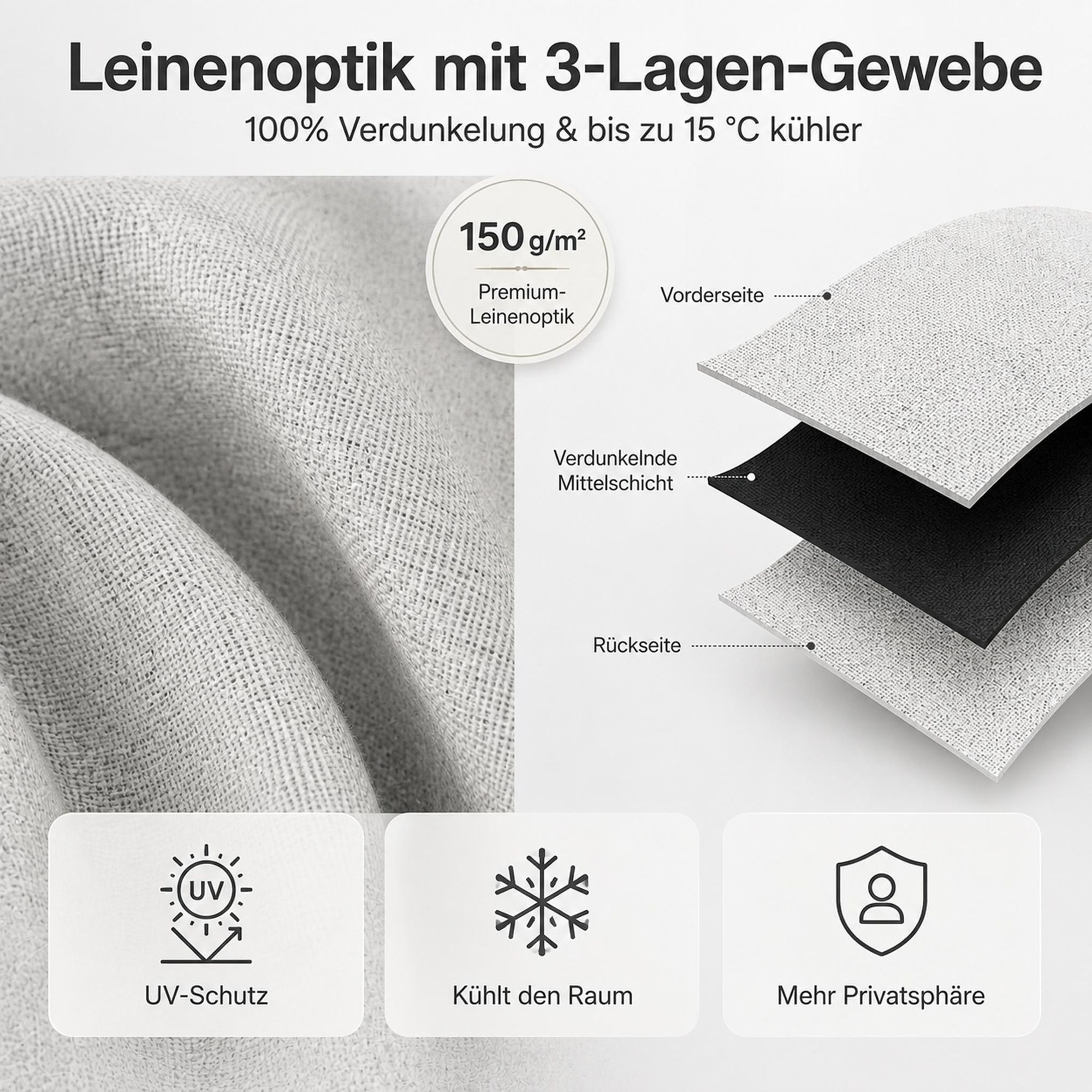 Outdoor Vorhang mit Ösen Grauweiß 254 x 214 cm Winddicht Thermo Gardine Extra Breit 100% Verdunkelung UV Schutz Blickdicht Balkonvorhang für Pavillon Terrasse