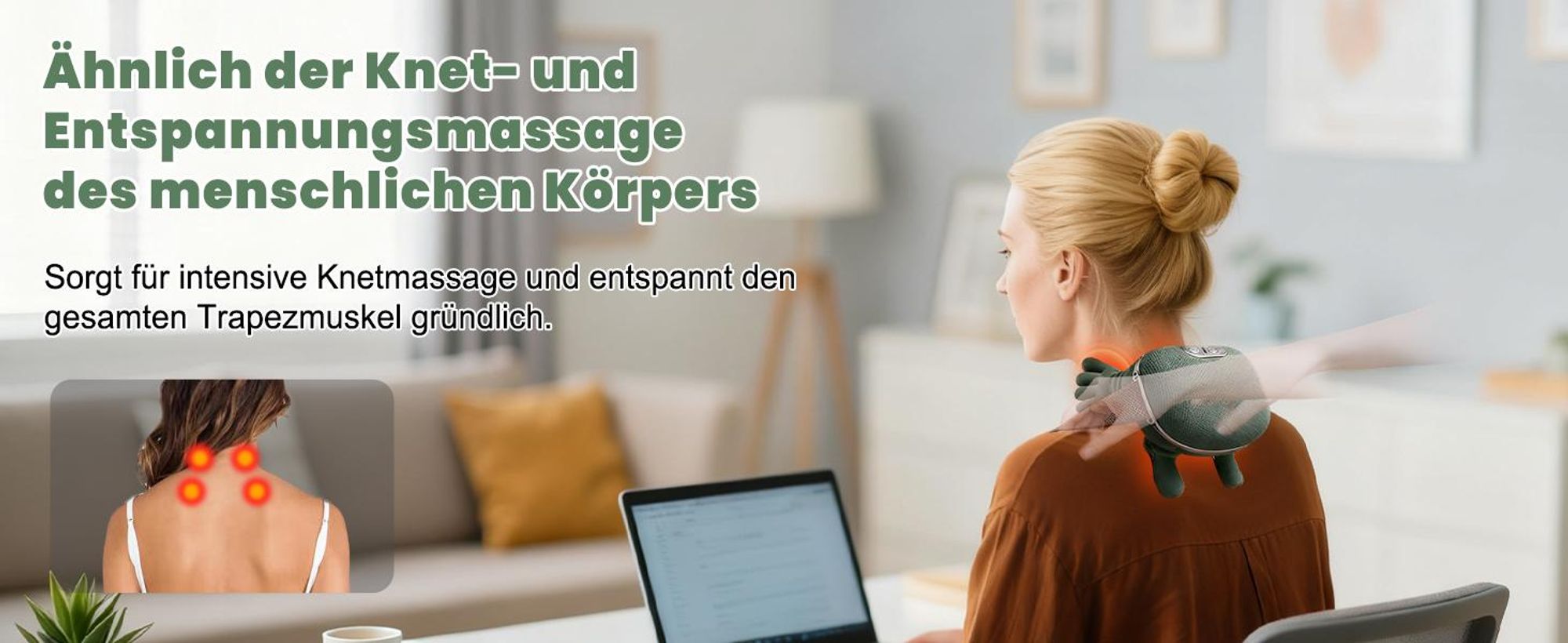 Kabelloser 4D Nacken Schulter Massager Tiefen Kneten  mit 3 Modi und 2 Temperaturstufen