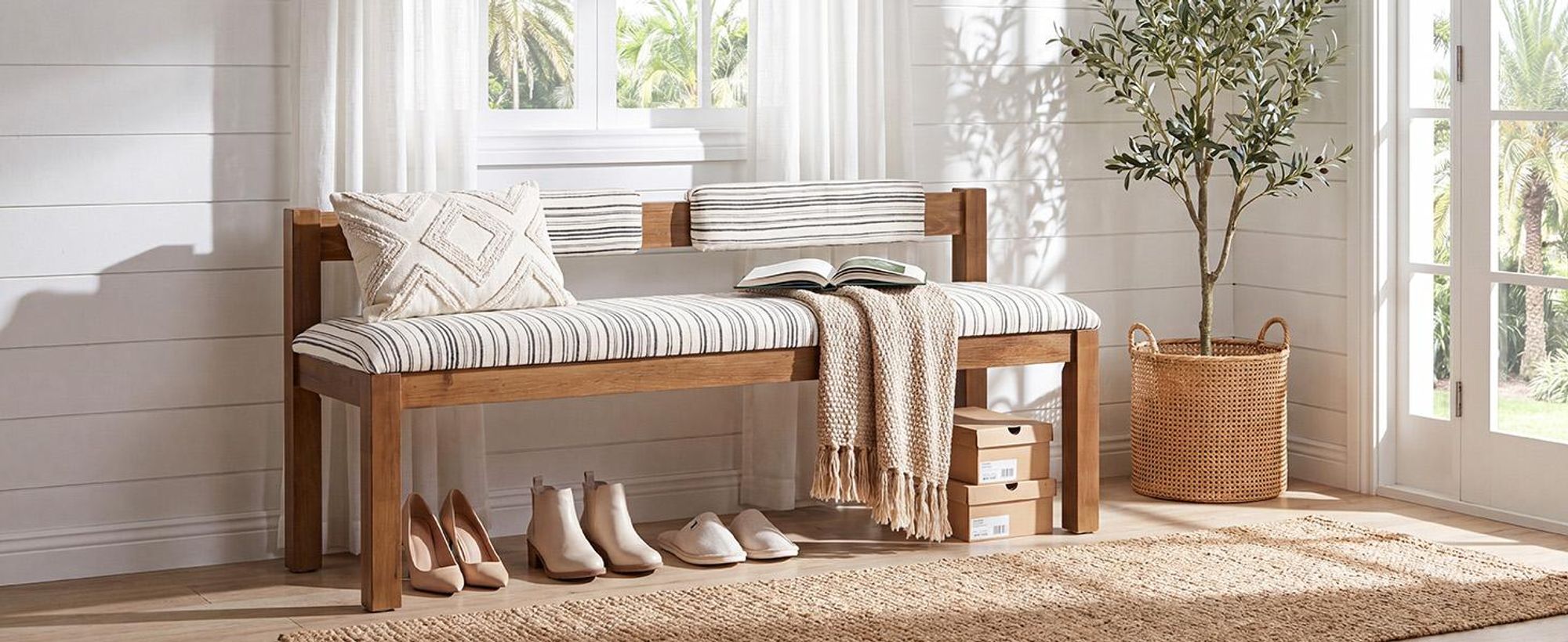 Eingangsbank, 140 cm gepolsterte Sitzbänke mit Rückenlehne, Schuhbank mit dickem Chenille-Kissen und Massivholzrahmen, Bettbank für Schlafzimmer
