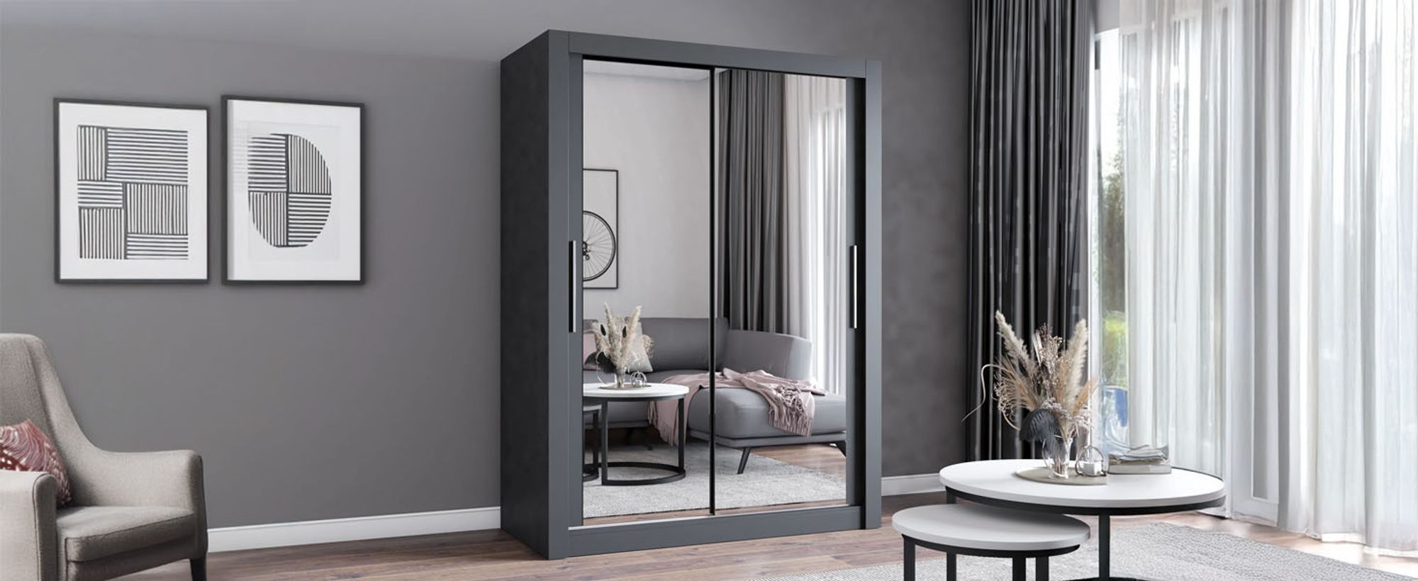 Schwebetürenschrank Kleiderschrank Schrank 150cm Grau/Grau mit zwei Spiegeln MILAN