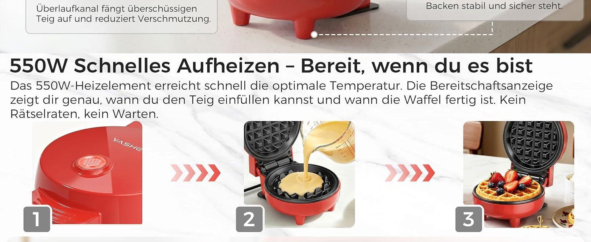 YASHE Mini Waffeleisen 550W, Antihaft-Waffelmaschine, Rot