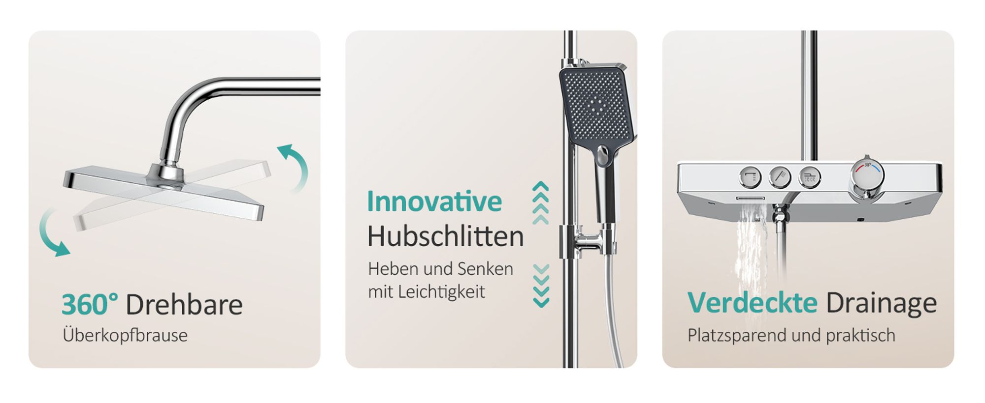 EMKE Duschsystem mit Thermostat 1146x450x480mm Glasablage Handbrause mit 3 Strahlarten Regendusche, Bad- & Duscharmaturen, KTW-, Chrom F10