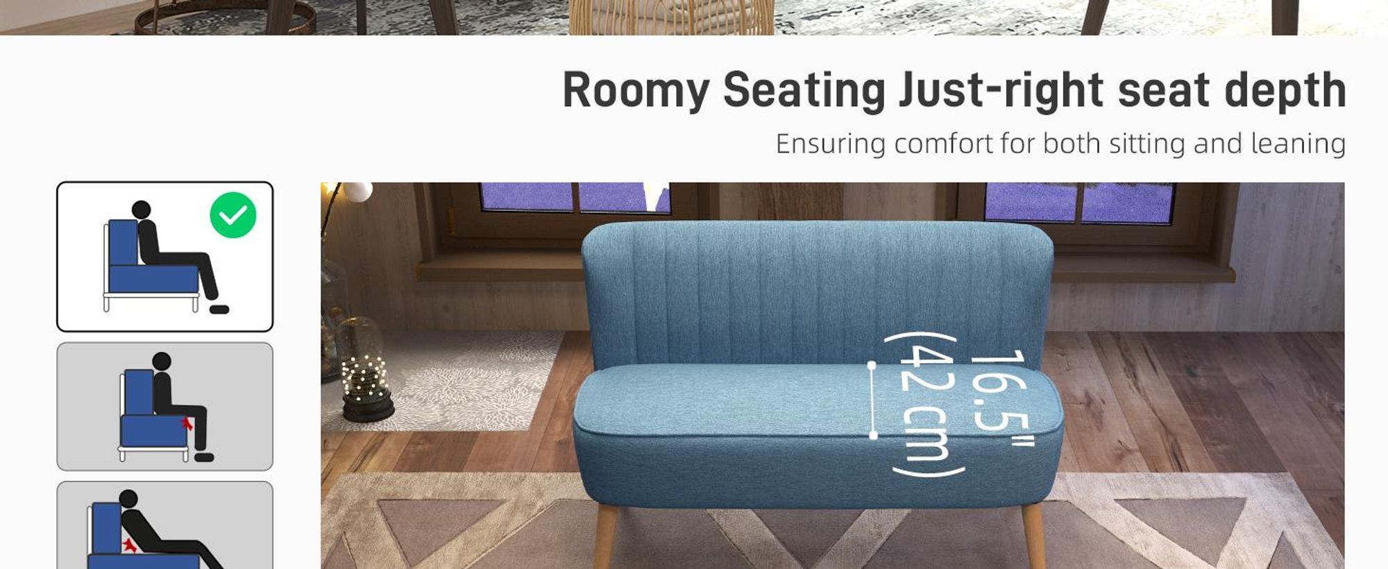 Sofa dwuosobowa HOMCOM, mała sofa dwuosobowa z lnianym wzorem, nowoczesna tapicerowana sofa do salonu, sypialni, małej przestrzeni, niebieska, 117 x 56,5 x 77 cm