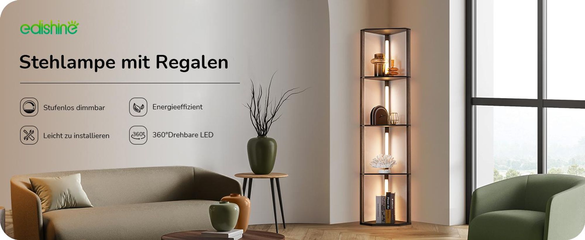EDISHINE Stehlampe Wohnzimmer mit 4 Holz-Regal, LED Dimmbar Stehlampe mit 360° Drehbarer Lichtmast