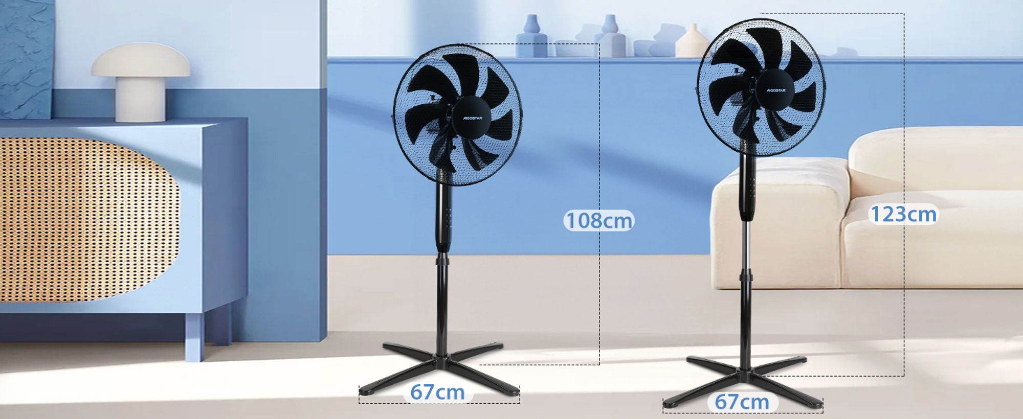 Aigostar - Standventilator, 3 Geschwindigkeiten, 7 Klingen, 41 cm Durchmesser, leise, 75° Oszillation, Schwarz