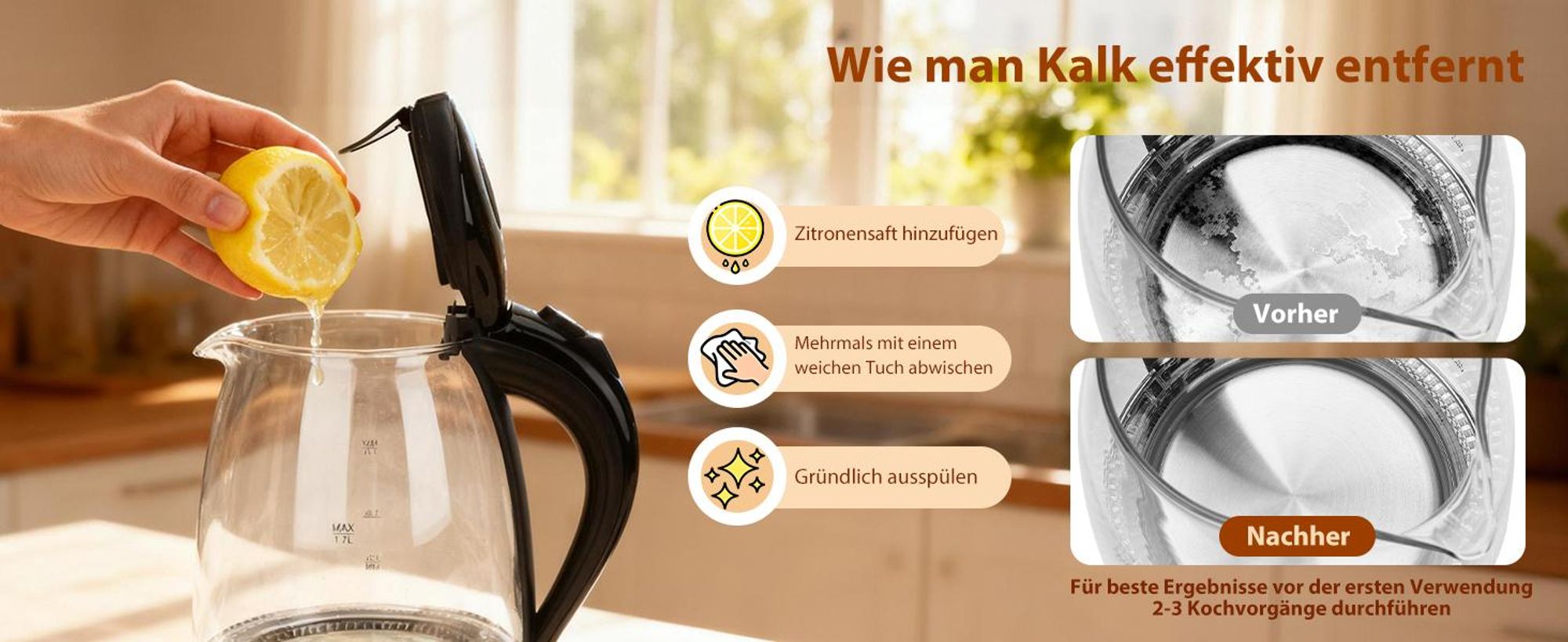 Aigostar 1,7L Wasserkocher Glas, Glaswasserkocher mit LED, 2200W, Wasserkocher Schwarz