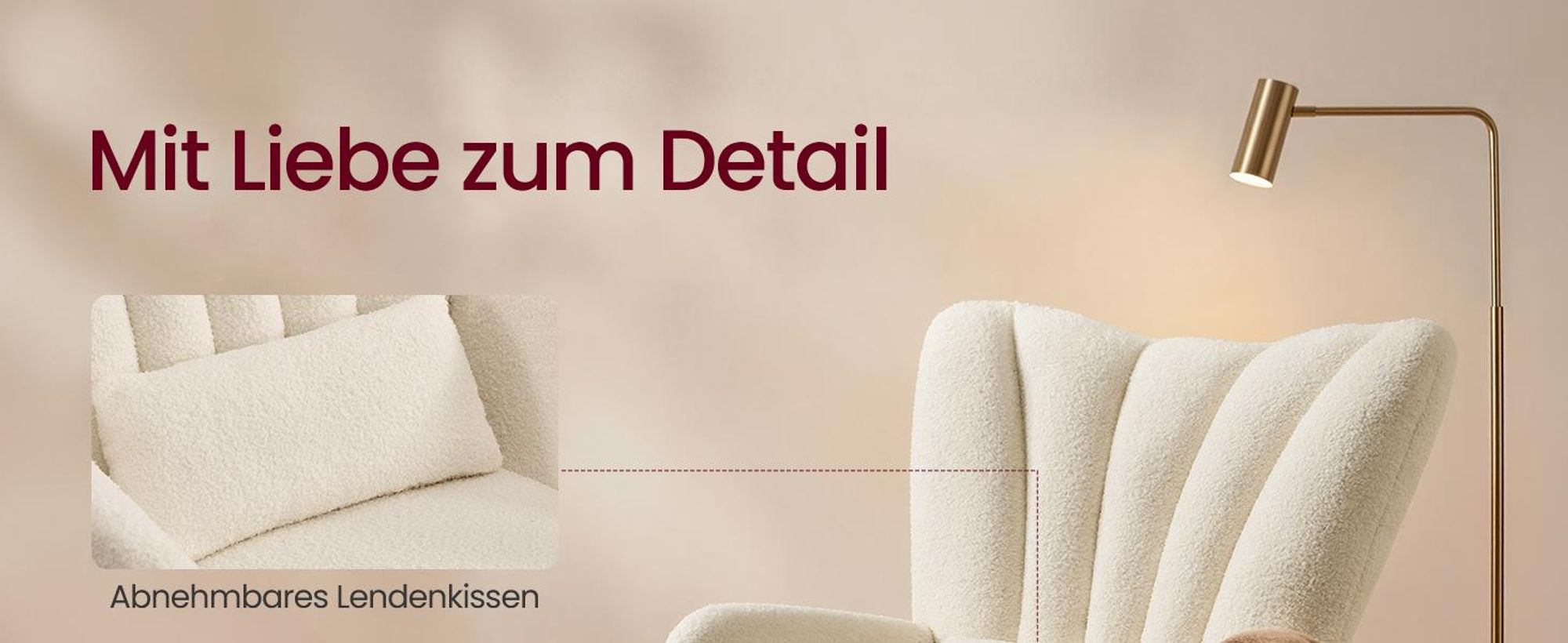 SONGMICS Schaukelstuhl mit ausziehbarer Fußstütze, Schaukelsessel, Holzbeine, Kissen, für Wohnzimmer, Fleece, creme