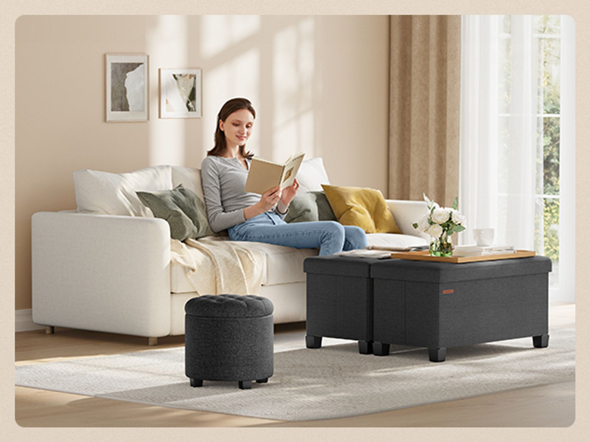 SONGMICS Sitzhocker rund, Fußhocker mit Stauraum, Schminkhocker mit Beinen, 45 cm d, 44,5 cm H, bis 150 kg belastbar