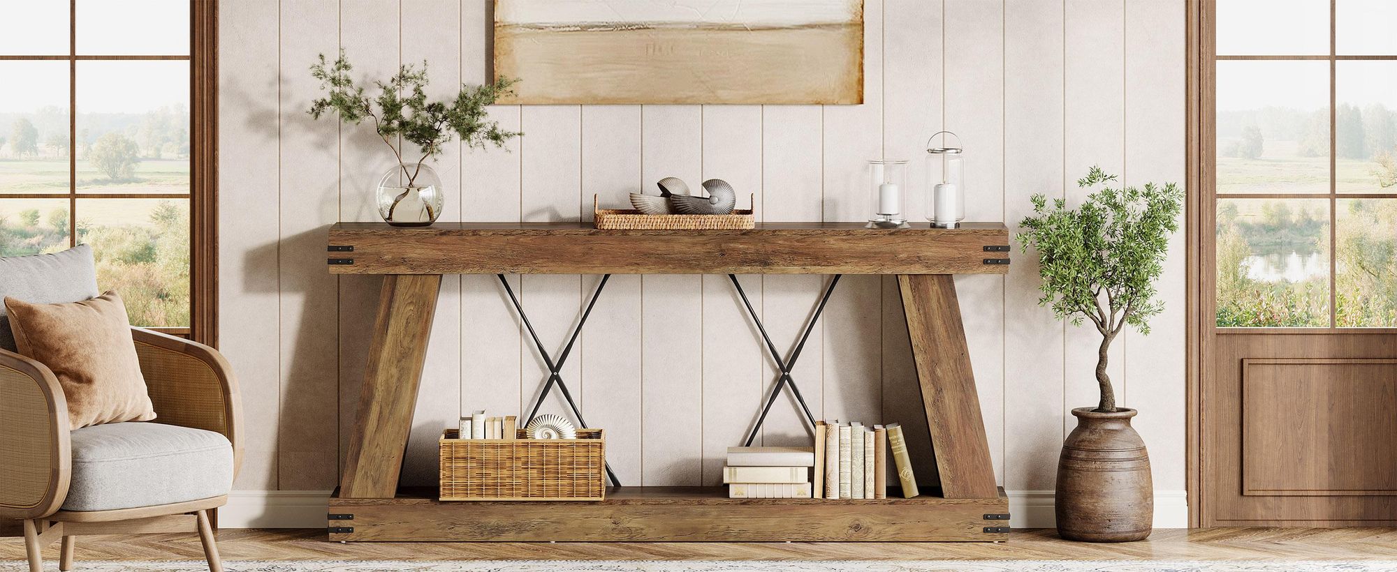 Tribesigns Konsolentisch, 180 cm Konsolentisch im Landhausstil, mit Stauraum, schmale Holzkonsole, für Flur, Eingangsbereich und Wohnzimmer, Braun
